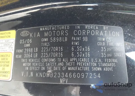 2006 Kia Sedona Ex/Lx from USA, damaged, VIN KNDMB233466097254